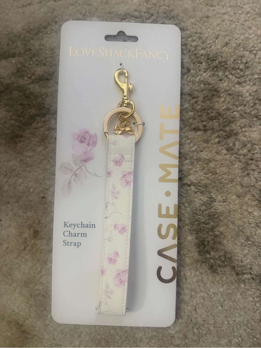 LoveShackFancy White & Pink Floral Keychain Strap with Gold Hardware